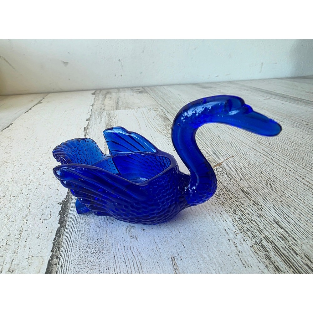 Vintage mosser blue cobalt swan bird mini salt cellar dish trinket glass